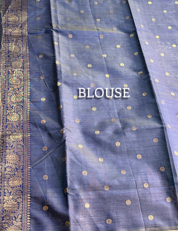 The Cerulean Citadel: Powder Blue Pure Linen Saree with Royal Indigo & Temple Border