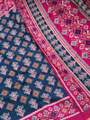The Indigo Ikat: Indigo Blue Mul Mul Cotton Saree with Vibrant Fuchsia Pink Panelled Pallu