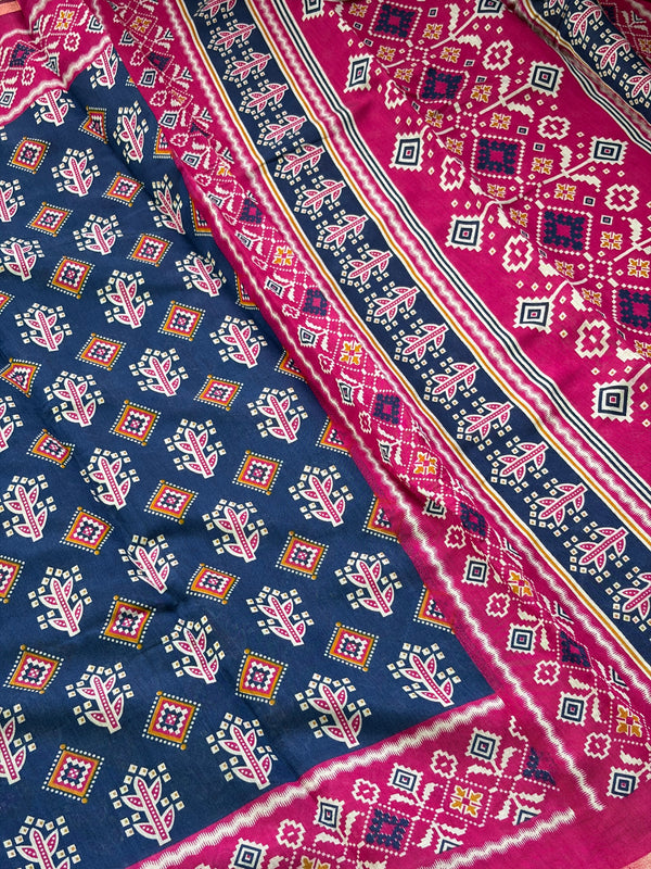 The Indigo Ikat: Indigo Blue Mul Mul Cotton Saree with Vibrant Fuchsia Pink Panelled Pallu