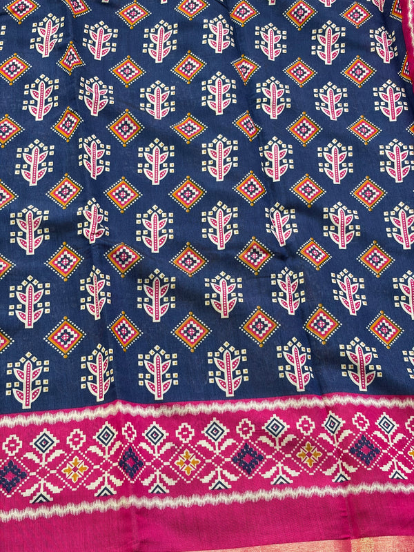 The Indigo Ikat: Indigo Blue Mul Mul Cotton Saree with Vibrant Fuchsia Pink Panelled Pallu
