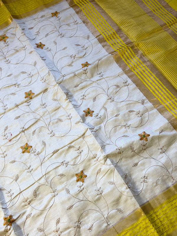 The Devika Vilasa: Cream Ivory & Lemon Yellow Tussar Silk Cotton Saree