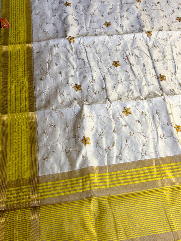 The Devika Vilasa: Cream Ivory & Lemon Yellow Tussar Silk Cotton Saree