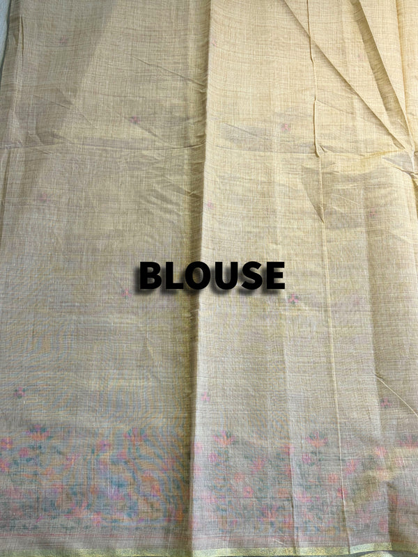 The Aarna Riva: Beige Tussar-Finish Embroidered Handloom Cotton Saree