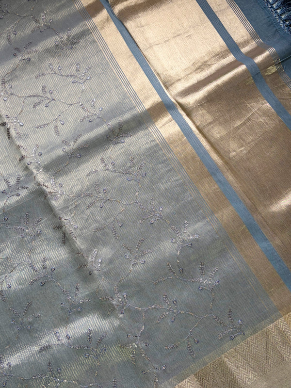 The Chandrika Mayura: Smoky Grey & Antique Gold Tissue Sare