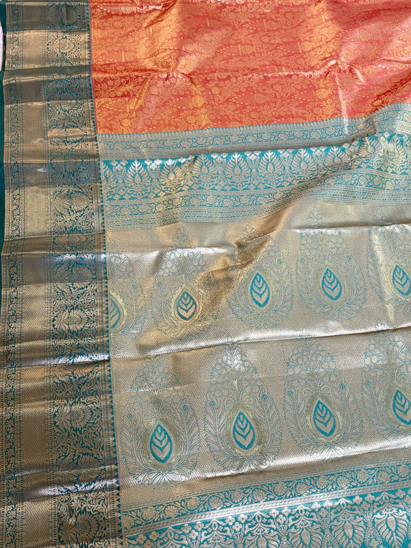 The Mridula Vilasa: Peach-Coral & Sea Green Kanchipuram Tissue Silk Saree