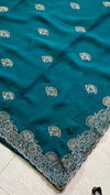 The Peacock Gala: Deep Teal Drape with Ornate Scalloped Cutwork Borders & Floral Buttis