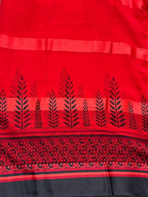 The Damini Riva: Scarlet Red & Ebony Black Printed Chiffon-Georgette Saree