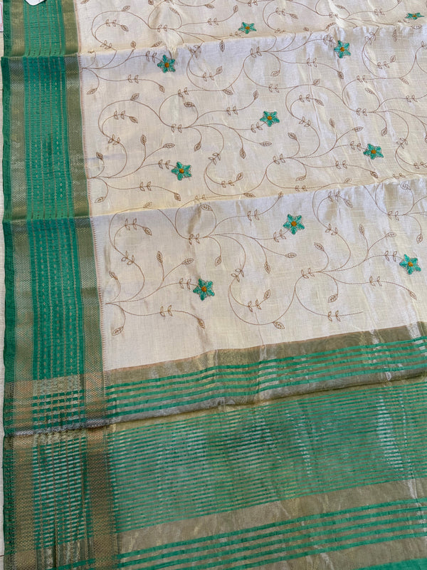 The Sharanya Vilasa: Cream & Teal Green Tussar Silk Cotton Saree