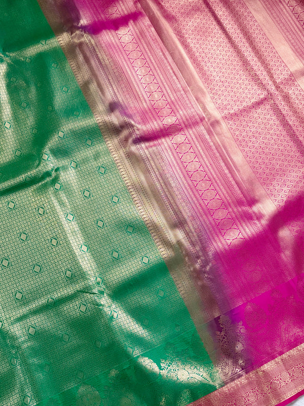 The Devika Mayura: Parrot Green & Rani Pink Kanchipuram Silk Saree