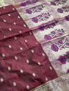 The Royal Loom: Crimson Maroon Kanchipuram Saree with Golden Zari & Fuchsia Floral Pallu