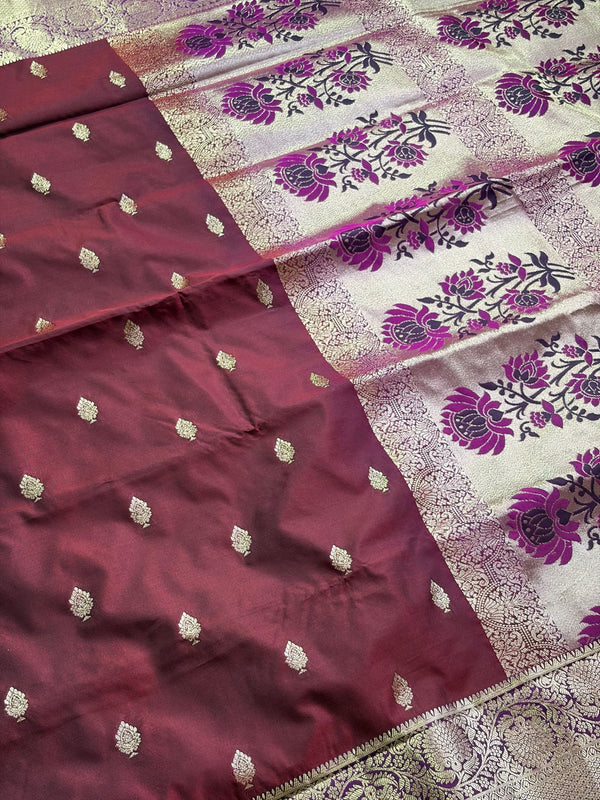 The Royal Loom: Crimson Maroon Kanchipuram Saree with Golden Zari & Fuchsia Floral Pallu