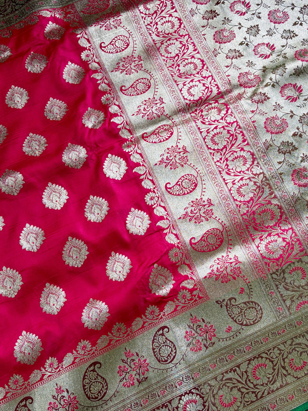 The Rudrani Mayura: Scarlet Red & Emerald Banarasi Silk Saree