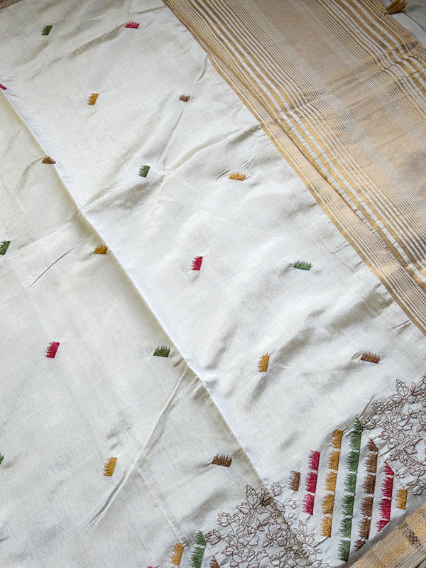 The Ivory Mayura: Ivory Tussar Cotton Silk Saree With Multi-Color Pastel Embroidery