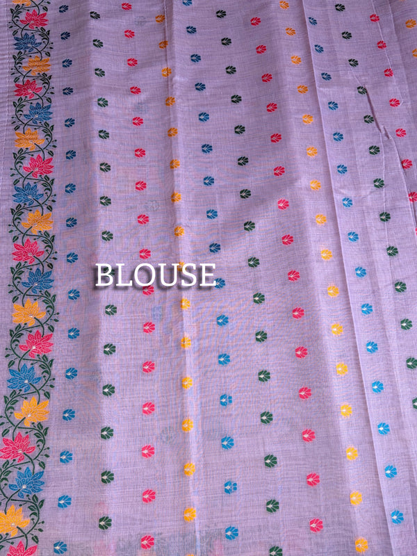 The Lavender Tarang: Pastel Mauve Linen Saree With Multi-Color Floral Weaving