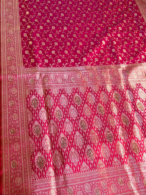 The Varanasi Jaal: Rani Pink Banarasi Kanti Saree with Antique Golden Zari Floral Network
