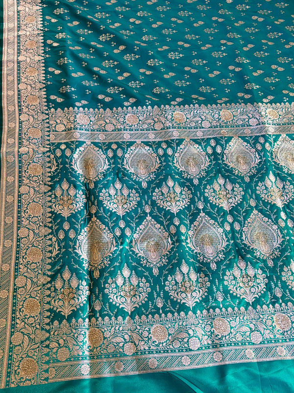 The Varanasi Garden: Deep Teal Banarasi Kanti Saree with Classic Golden Zari Floral Buttis