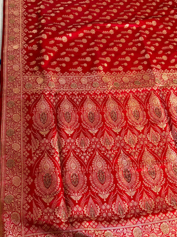 The Varanasi Heritage: Crimson Red Banarasi Saree with Fine Gold Zari Paisley Buttis