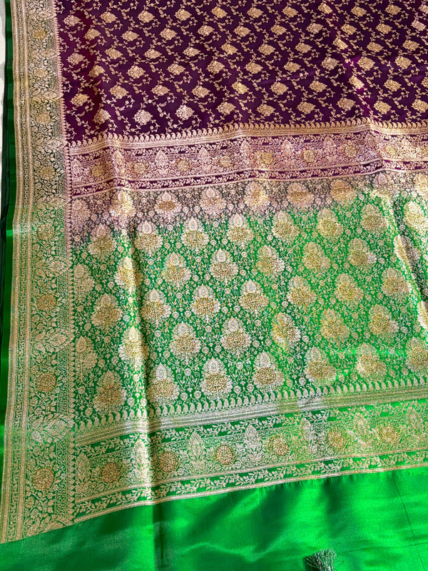 The Kashi Confluence: Royal Purple Banarasi Saree with Sea Green Contrast & Geometric Shikargah Jaal