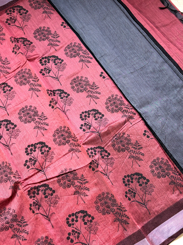 The Mridula Riva: Rust Terracotta & Slate Grey Printed Cotton Saree