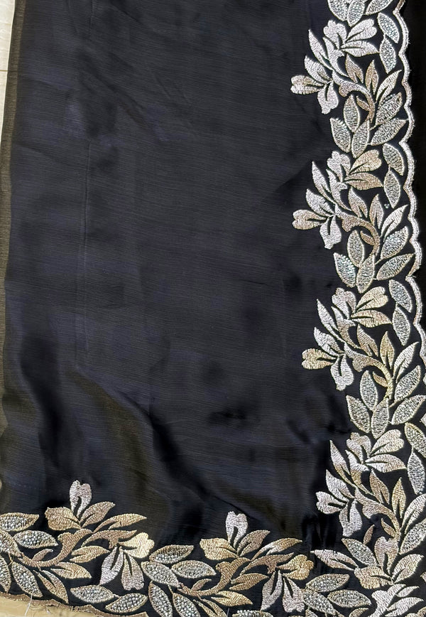 The Midnight Ebony: Onyx Black Saree With Silver Hand-Worked Border