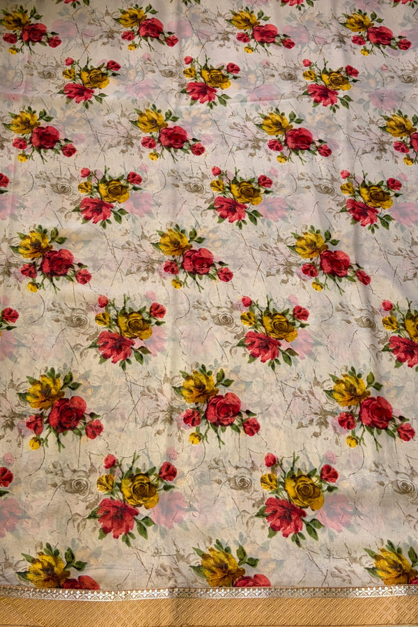 The Basanti Vatika: Cream & Mustard English Floral Printed Saree
