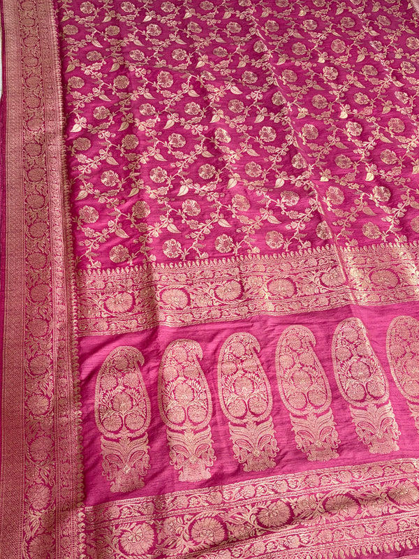 The Royal Slub: Magenta Raw Silk Saree with Antique Golden Zari Floral Jaal