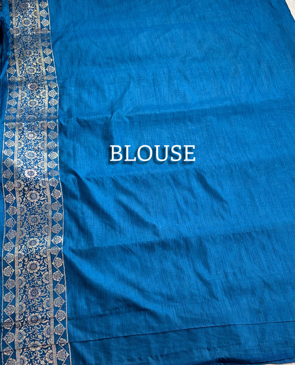 The Indigo Loom: Prussian Blue Raw Silk Saree with Classic Golden Zari Butta Design