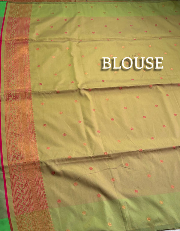 The Magenta Glow: Rani Pink Satin Silk Saree with Olive-Accent Zari Border & Temple Buttis