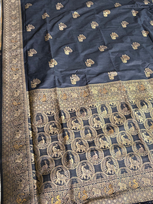 The Charcoal Loom: Midnight Gray Raw Silk Saree with Antique Golden Zari Shikargah Pallu
