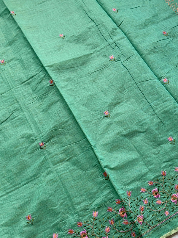 The Nilambari Riva: Mint Green Embroidered Handloom Cotton Saree