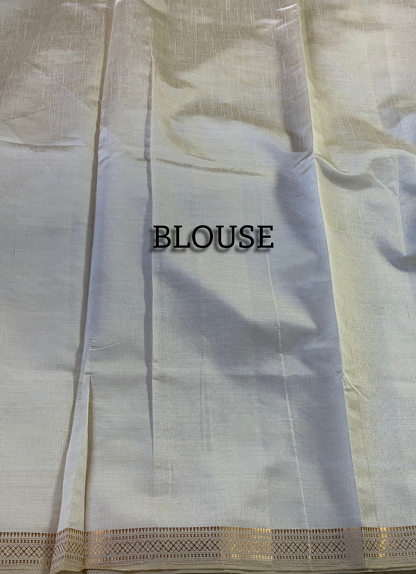The Malabar Glade: Off-White Tussar Cotton Saree with Pastel Floral Border