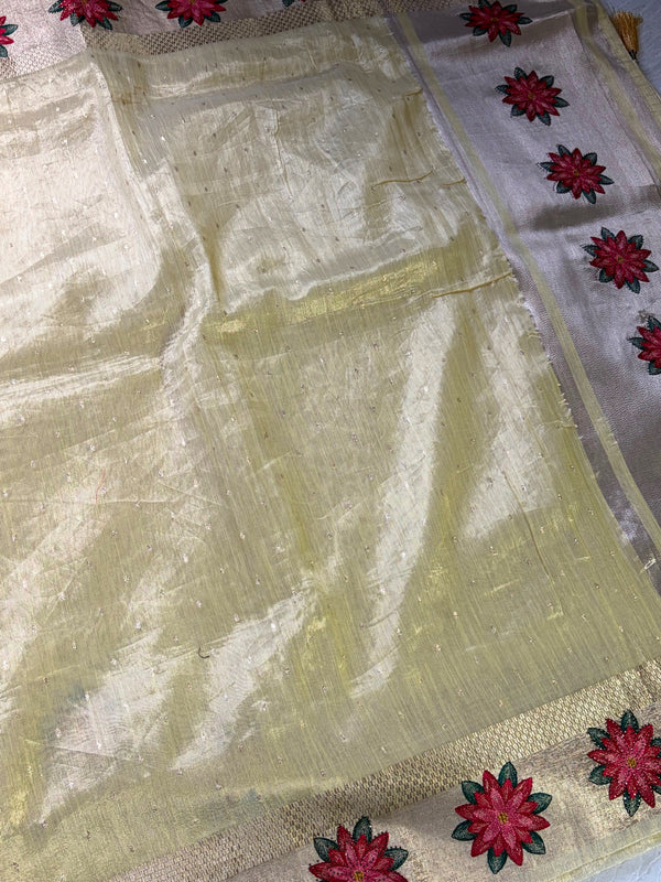 The Amber Glint: Golden Tissue Cotton Saree with Festive Crimson Starburst Border