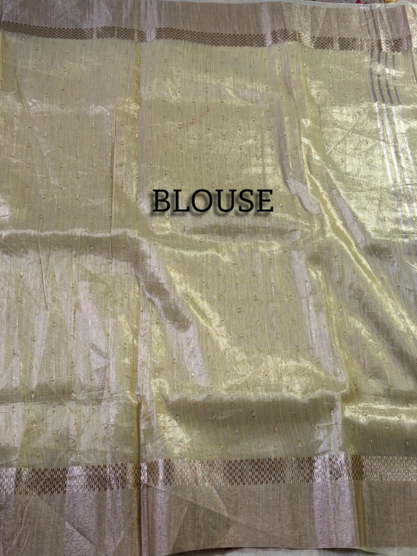 The Amber Glint: Golden Tissue Cotton Saree with Festive Crimson Starburst Border