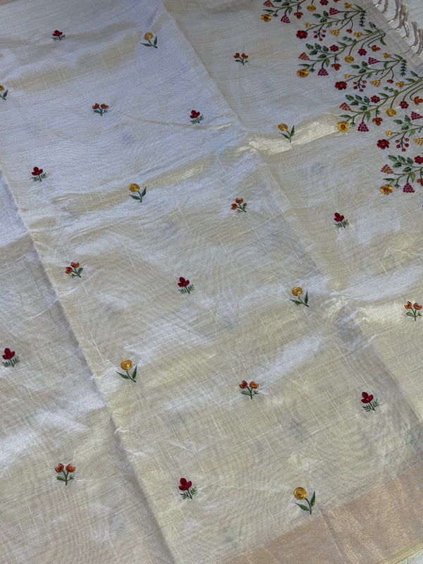 The Deccani Glade: Off-White Tussar Cotton Saree with Multi-Hued Wildflower Pallu