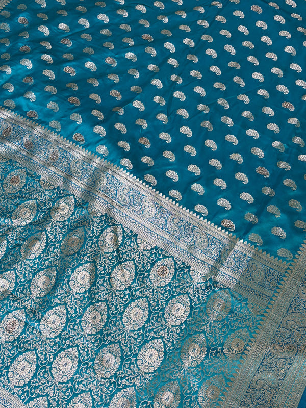 The Samaira Vilasa: Peacock Teal & Silver Zari Banarasi Silk Saree