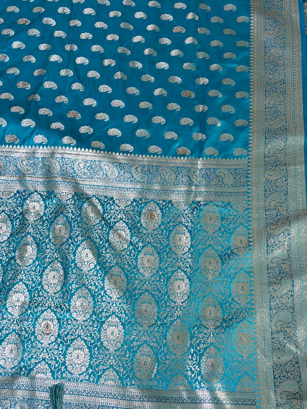 The Samaira Vilasa: Peacock Teal & Silver Zari Banarasi Silk Saree