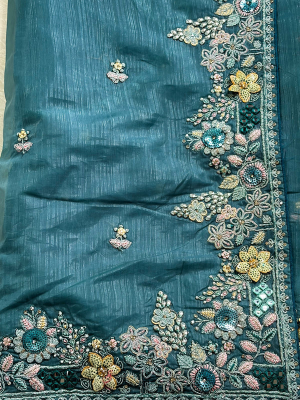 The Caspian Glade: Deep Teal Organza Saree with Detailed Floral Scallop Cutwork
