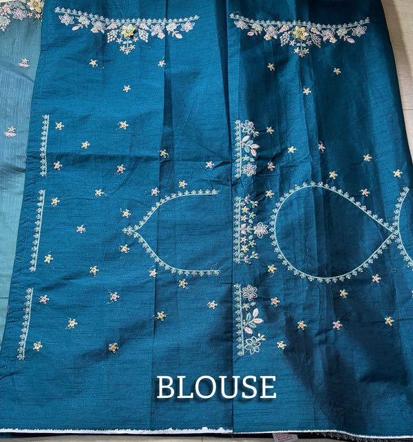 The Caspian Glade: Deep Teal Organza Saree with Detailed Floral Scallop Cutwork