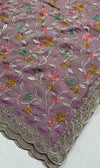 The Mauve Whisper: Dusty Lilac Saree with Pastel Floral Embroidery & Scalloped Cutwork Border