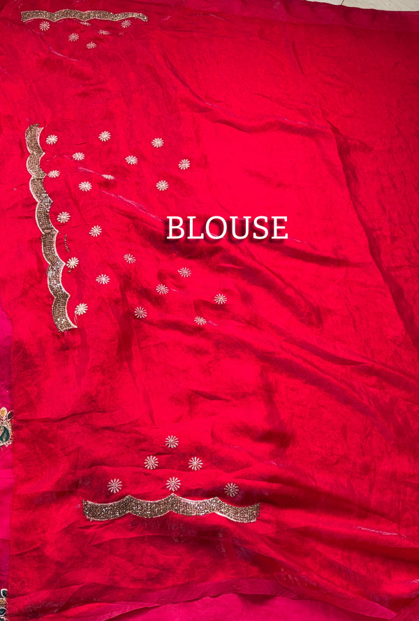 The Ruby Crown: Crimson Red Festive Saree with Scalloped Zardosi-Embroidered Border