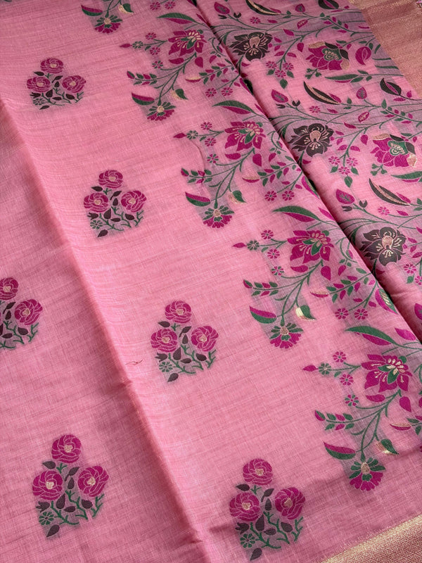 The Rosewood Blossom: Dusty Pink Premium Linen Saree with Kashmiri Floral Print