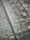The Sage Horizon: Olive-Grey Tussar Silk Saree with Charcoal Floral Borders