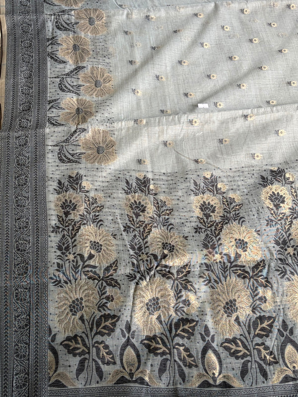 The Sage Horizon: Olive-Grey Tussar Silk Saree with Charcoal Floral Borders