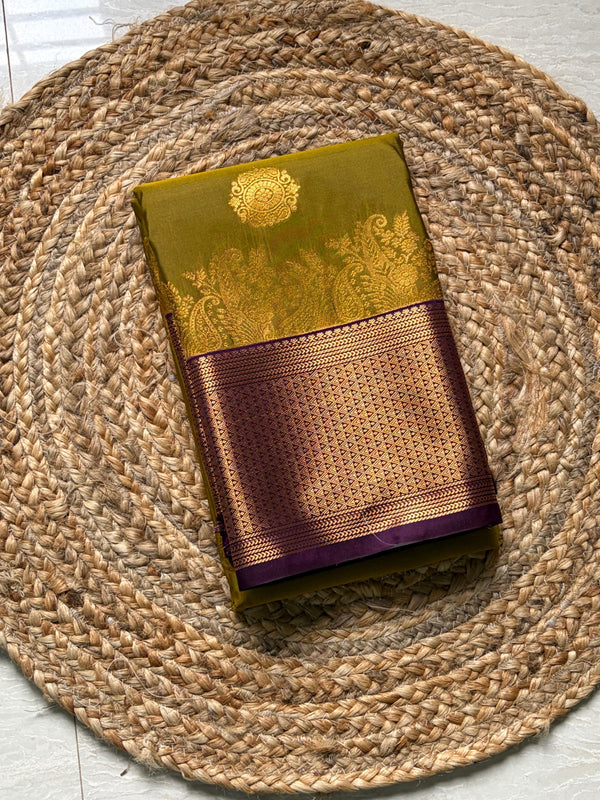 The Madhavi Vilasa: Chartreuse Olive & Royal Purple Kanchipuram Silk Saree
