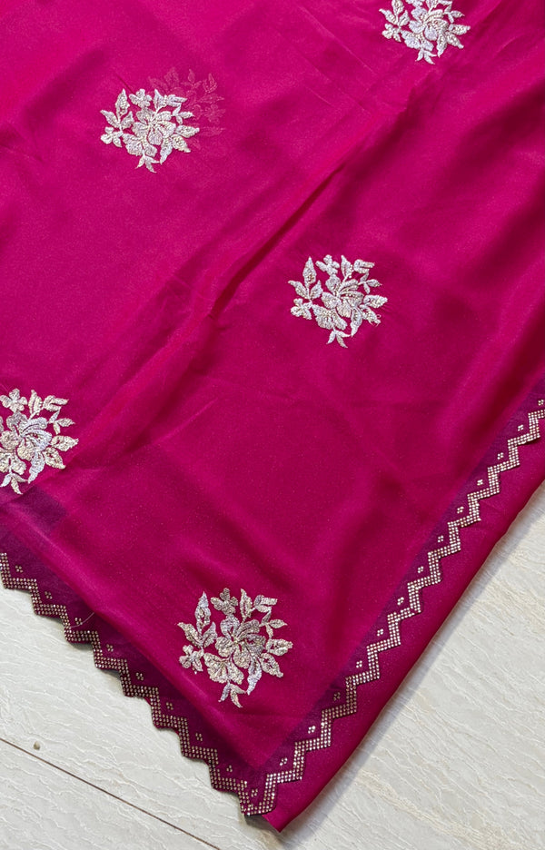 The Madhuri Rani: Deep Magenta Fuchsia Saree with Silver Hand-Worked Flowers