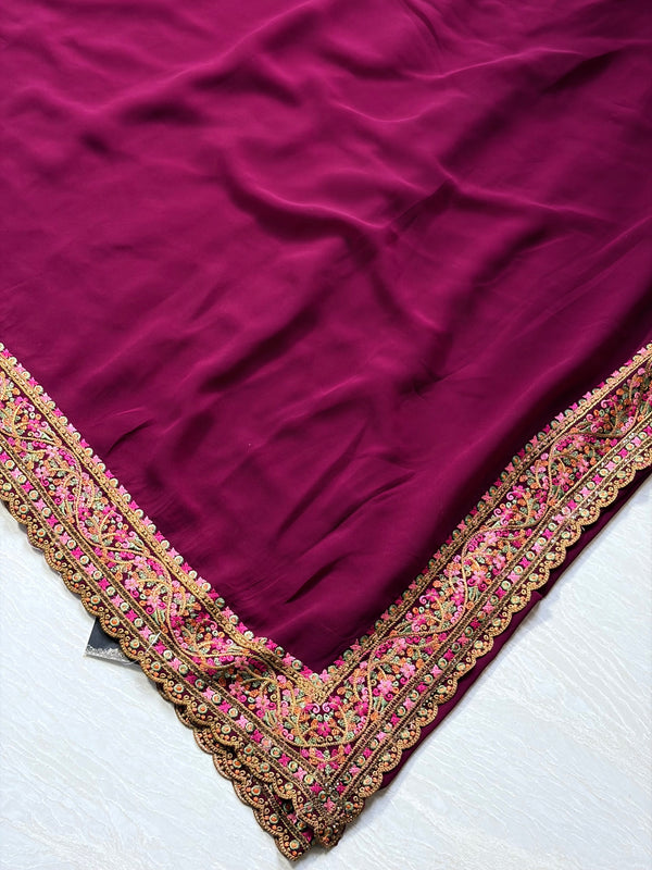 The Wine Charvi: Deep Plum Saree with Detailed Thread Embroidery Borders