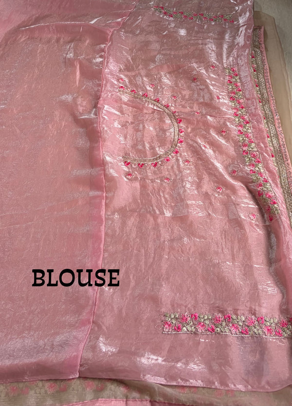 The Champagne Blush: Metallic Champagne Organza Saree with Pink Floral Border