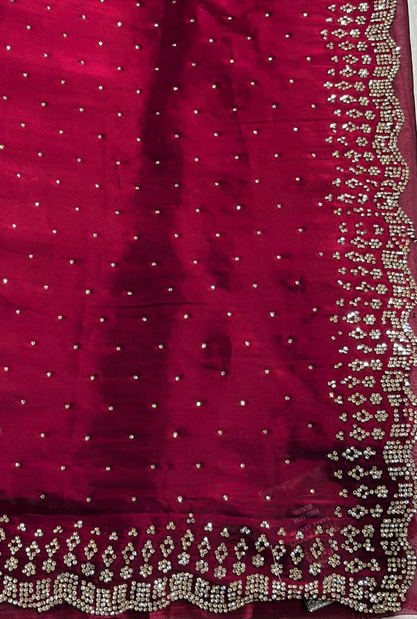 The Crimson Liquid: Metallic Maroon Tissue Organza Saree