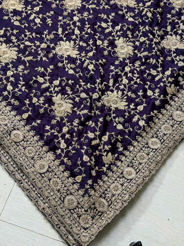 The Midnight Majesty: Deep Violet-Navy Georgette Saree with Heavy Zardosi Jaal