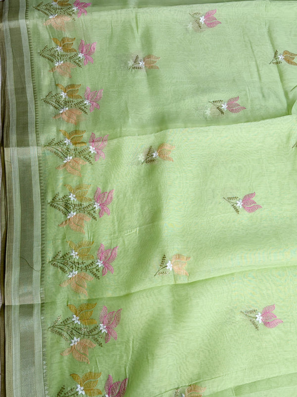 The Vasundhara Riva: Lime Green Floral Embroidered Cotton Saree